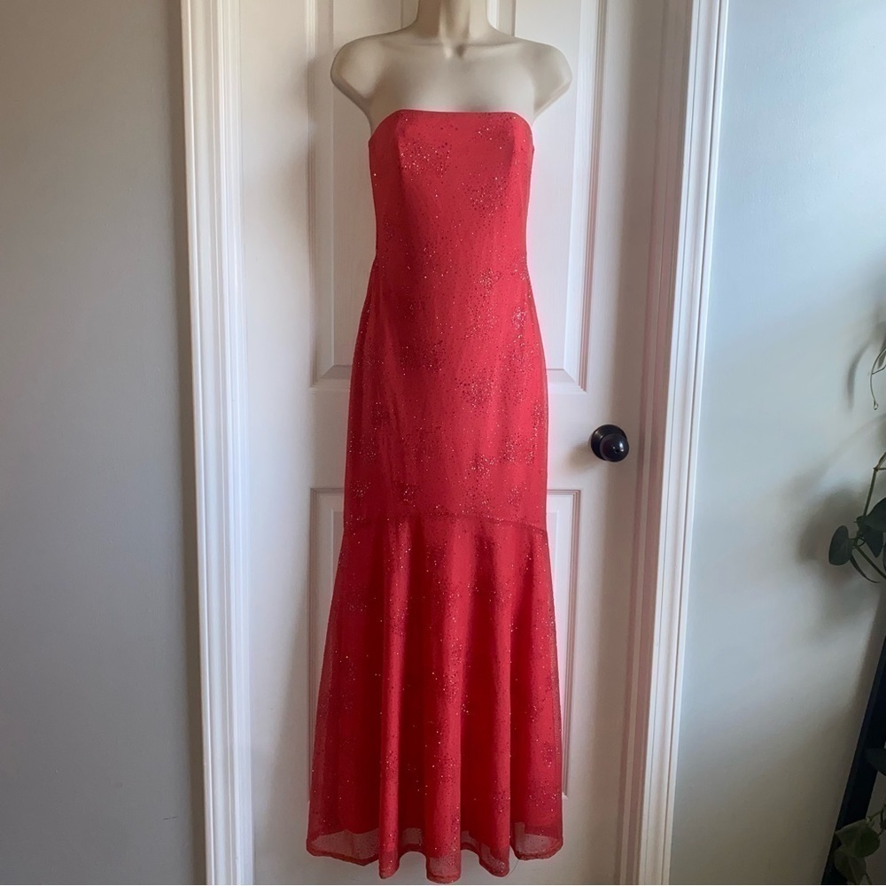 Coral Strapless Glitter Maxi Dress | Jessica McClintock for Gunne Sax Size 3